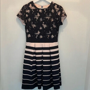 Danny & Nicole Black Pink Floral Lace Striped Fitted Flare Dress Size 4